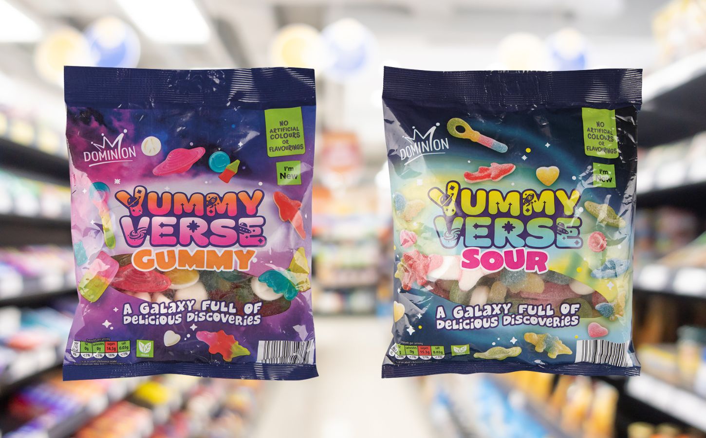Photo shows the two new flavors of Yummy Verse Gummy sweets - classic (left) and sour (right) - against a blurry supermarket background. Aldi's new Haribo Starmix-style sweets are vegan