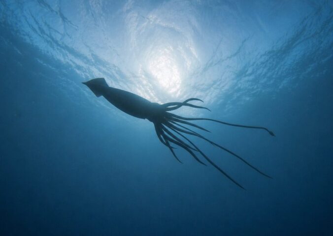 Photo is an AI-rendered image of Architeuthis dux, an extremely large, deep-ocean dwelling giant squid