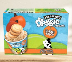 Photo shows a box of the Ben & Jerry’s Doggy Desserts in "Rosie’s Batch" flavor, featuring pumpkin and mini cookies, against a stock background. It’s nearly summer, and people are once again eating Ben & Jerry’s Doggy Desserts. But this time, the pup-friendly ice creams appear to be “accidentally” vegan