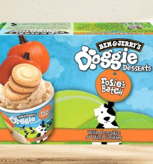 Photo shows a box of the Ben & Jerry’s Doggy Desserts in "Rosie’s Batch" flavor, featuring pumpkin and mini cookies, against a stock background. It’s nearly summer, and people are once again eating Ben & Jerry’s Doggy Desserts. But this time, the pup-friendly ice creams appear to be “accidentally” vegan