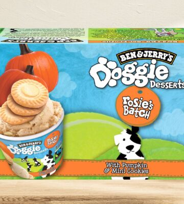 Photo shows a box of the Ben & Jerry’s Doggy Desserts in "Rosie’s Batch" flavor, featuring pumpkin and mini cookies, against a stock background. It’s nearly summer, and people are once again eating Ben & Jerry’s Doggy Desserts. But this time, the pup-friendly ice creams appear to be “accidentally” vegan
