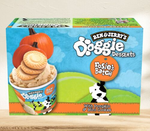 Photo shows a box of the Ben & Jerry’s Doggy Desserts in "Rosie’s Batch" flavor, featuring pumpkin and mini cookies, against a stock background. It’s nearly summer, and people are once again eating Ben & Jerry’s Doggy Desserts. But this time, the pup-friendly ice creams appear to be “accidentally” vegan