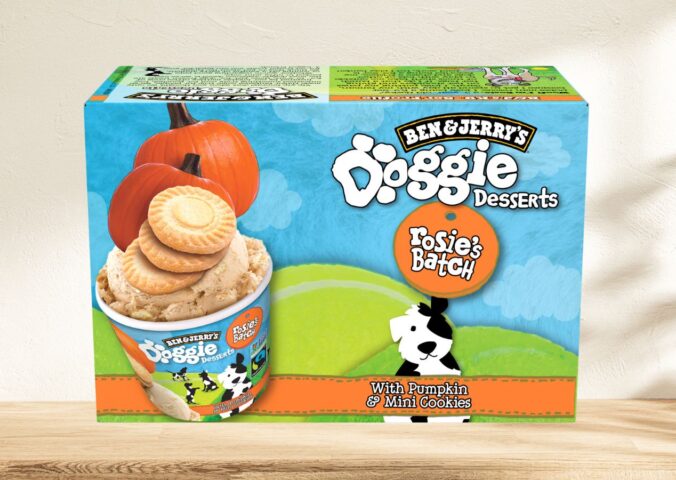 Photo shows a box of the Ben & Jerry’s Doggy Desserts in "Rosie’s Batch" flavor, featuring pumpkin and mini cookies, against a stock background. It’s nearly summer, and people are once again eating Ben & Jerry’s Doggy Desserts. But this time, the pup-friendly ice creams appear to be “accidentally” vegan