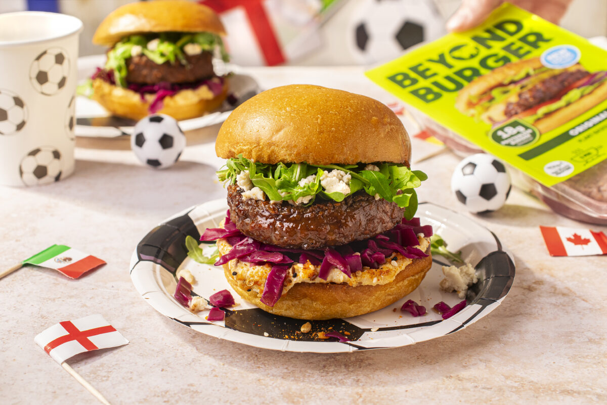 Photo shows Karen Carney's "10 minute" Beyond Meat burger. Beyond is partnering with Karen Carney, a sports journalist, celebrated footballer, and the winner of last year’s Strictly Come Dancing