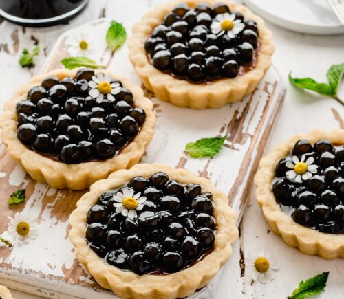 classic boba tea tartlets with vegan pie crust, plant milk, coconut cream, and Earl Grey tea