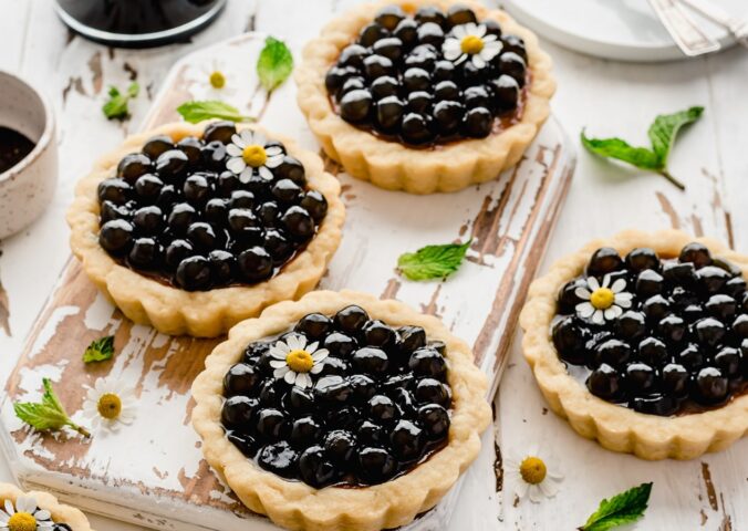 classic boba tea tartlets with vegan pie crust, plant milk, coconut cream, and Earl Grey tea