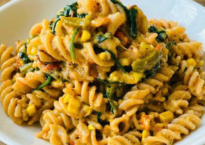 Colorful Vegan Rasta Pasta with bell pepper, ackee, spinach, coconut milk, and more