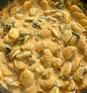 creamy harissa butter beans with sun-dried tomato oil, soy cream, spinach and garlic