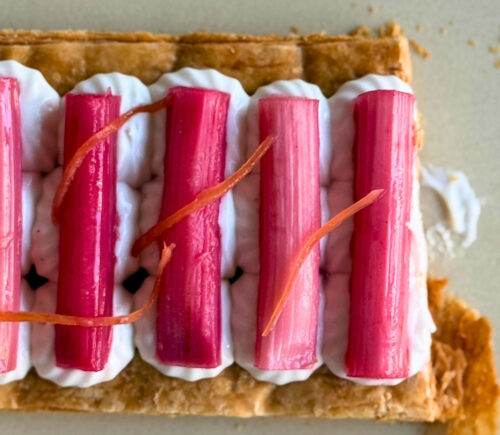 Vegan Crematta, Vanilla, Rhubarb And Ginger Pastry with plant-based ingredients