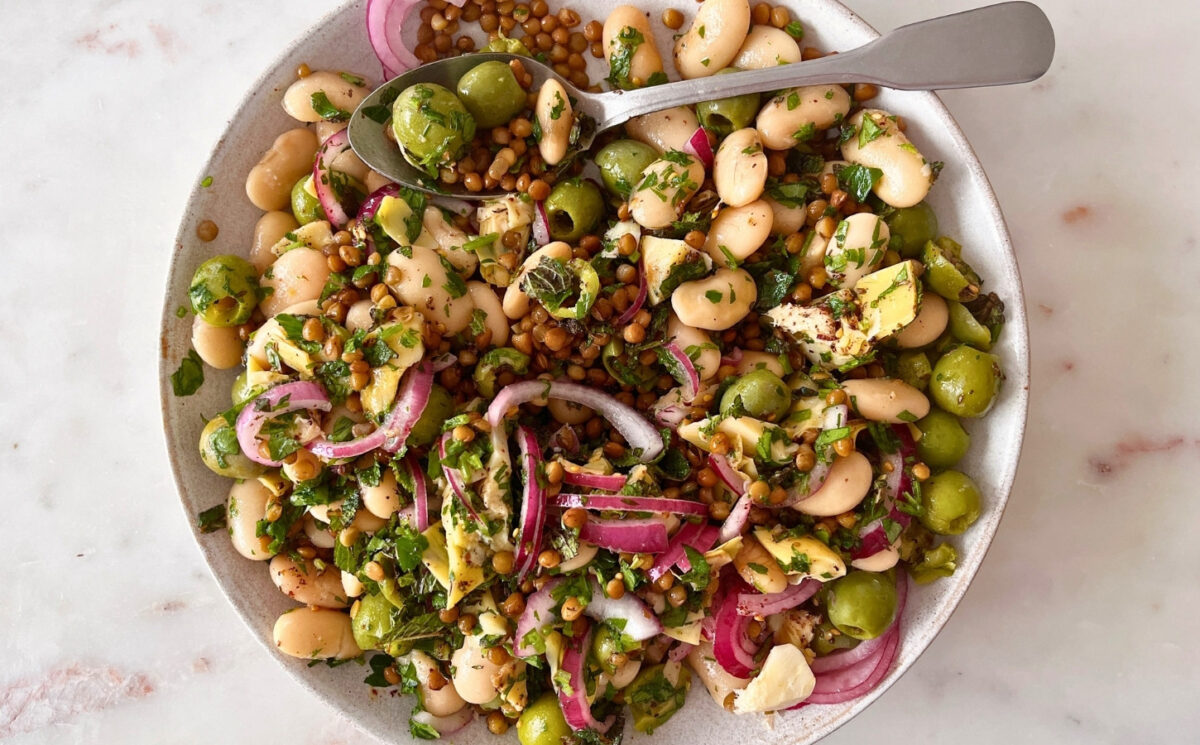 herby olive butter bean and lentil salad with pickled onion and za'atar