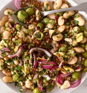 herby olive butter bean and lentil salad with pickled onion and za'atar