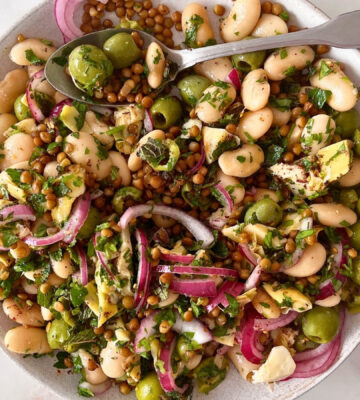 herby olive butter bean and lentil salad with pickled onion and za'atar