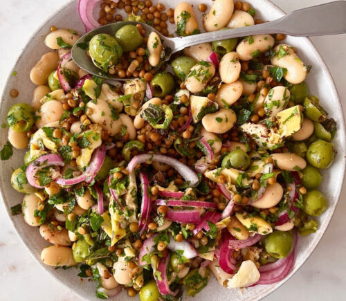 herby olive butter bean and lentil salad with pickled onion and za'atar
