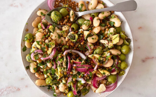 herby olive butter bean and lentil salad with pickled onion and za'atar