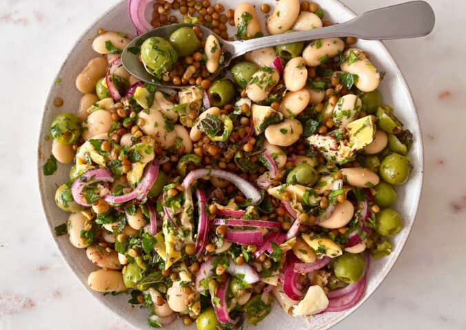 herby olive butter bean and lentil salad with pickled onion and za'atar