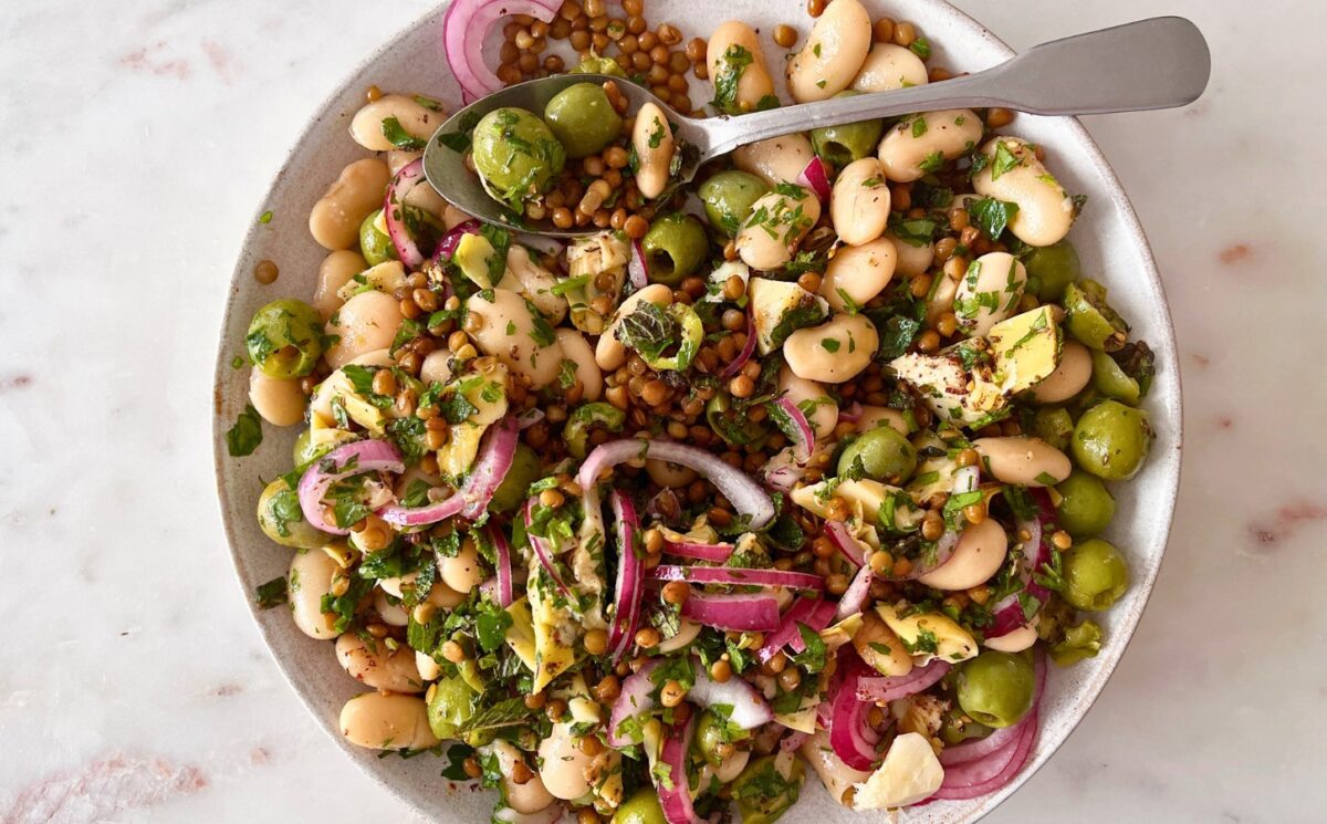 herby olive butter bean and lentil salad with pickled onion and za'atar for quick vegan summer lunch ideas