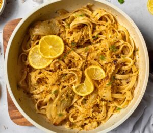 Lemon Fennel Tagliatelle with Buttery Crumbs, vegan cream and shallots