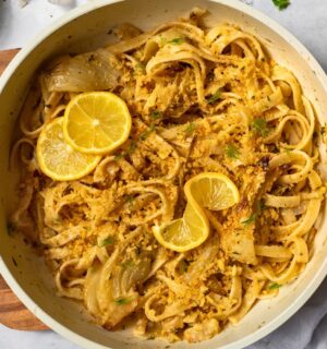 Lemon Fennel Tagliatelle with Buttery Crumbs, vegan cream and shallots