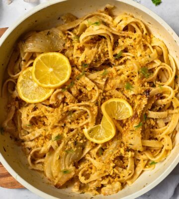 Lemon Fennel Tagliatelle with Buttery Crumbs, vegan cream and shallots