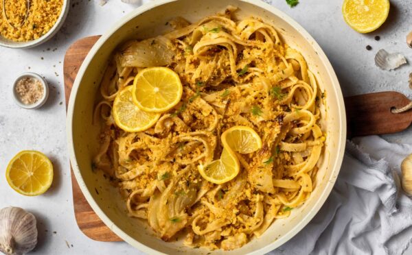Lemon Fennel Tagliatelle with Buttery Crumbs, vegan cream and shallots