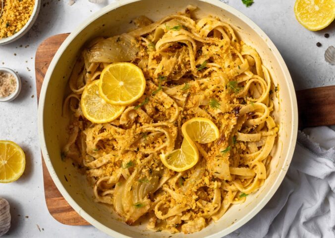 Lemon Fennel Tagliatelle with Buttery Crumbs, vegan cream and shallots