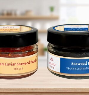 Photo shows the two different versions of vegan caviar sold by Lidl in the UK on a stock kitchen background