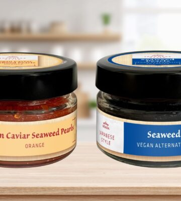 Photo shows the two different versions of vegan caviar sold by Lidl in the UK on a stock kitchen background