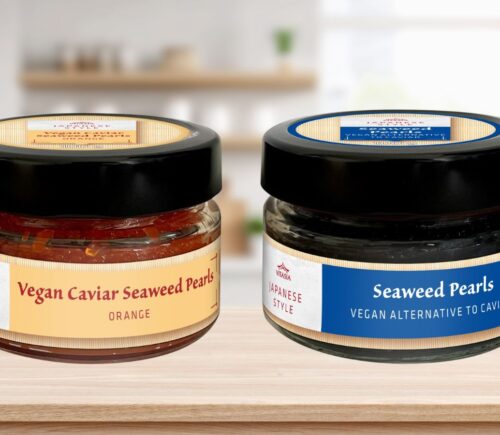 Photo shows the two different versions of vegan caviar sold by Lidl in the UK on a stock kitchen background
