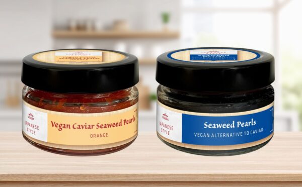 Photo shows the two different versions of vegan caviar sold by Lidl in the UK on a stock kitchen background