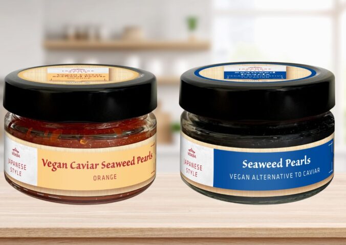 Photo shows the two different versions of vegan caviar sold by Lidl in the UK on a stock kitchen background