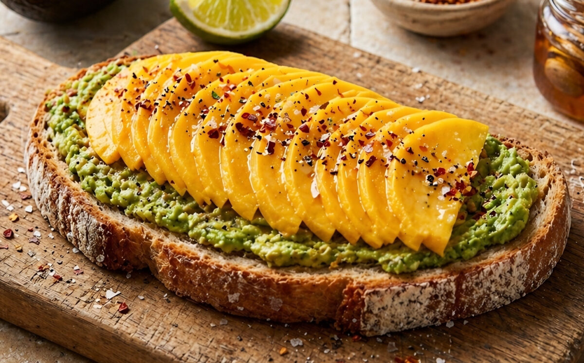 sweet and spicy mango avocado toast with lime, chili, vegan honey, and hemp hearts