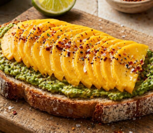 sweet and spicy mango avocado toast with lime, chili, vegan honey, and hemp hearts