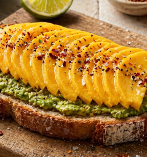 sweet and spicy mango avocado toast with lime, chili, vegan honey, and hemp hearts