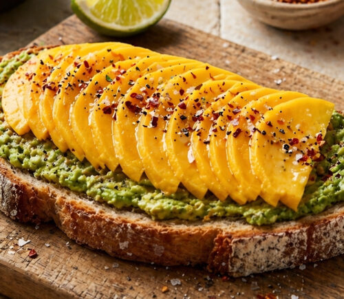 sweet and spicy mango avocado toast with lime, chili, vegan honey, and hemp hearts
