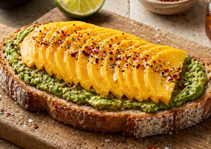 sweet and spicy mango avocado toast with lime, chili, vegan honey, and hemp hearts