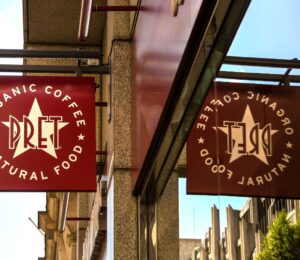 Photo shows the front of a Pret A Manger Cafe. Pret has launched a new vegan Korean BBQ tofu "Super Plate"