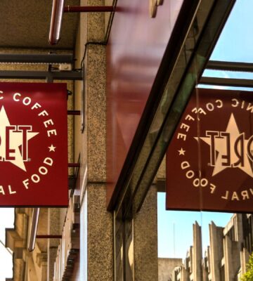 Photo shows the front of a Pret A Manger Cafe. Pret has launched a new vegan Korean BBQ tofu "Super Plate"