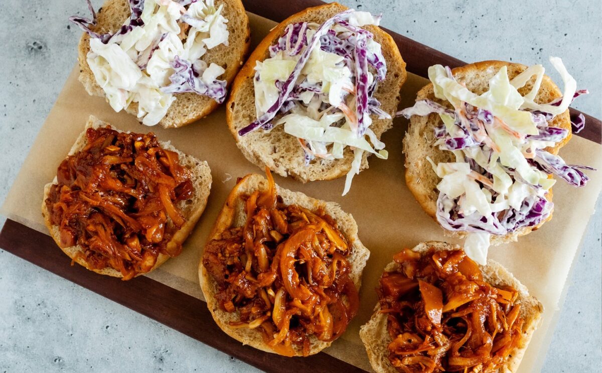 smoky BBQ shredded jackfruit on sliders with coleslaw for plant-based BBQ recipes