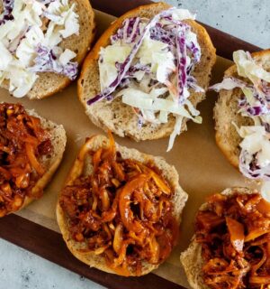 smoky BBQ shredded jackfruit on sliders with coleslaw for plant-based BBQ recipes