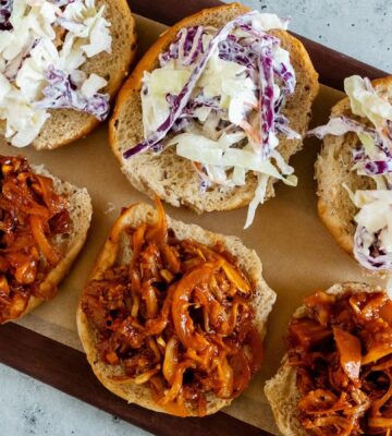 smoky BBQ shredded jackfruit on sliders with coleslaw for plant-based BBQ recipes