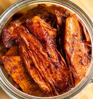 Smoky Chipotle Mango Jerky with gluten-free tamari, maple syrup, garlic, lime, chipotle