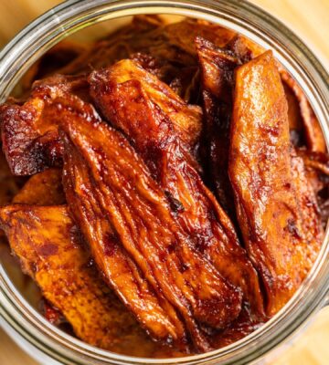 Smoky Chipotle Mango Jerky with gluten-free tamari, maple syrup, garlic, lime, chipotle