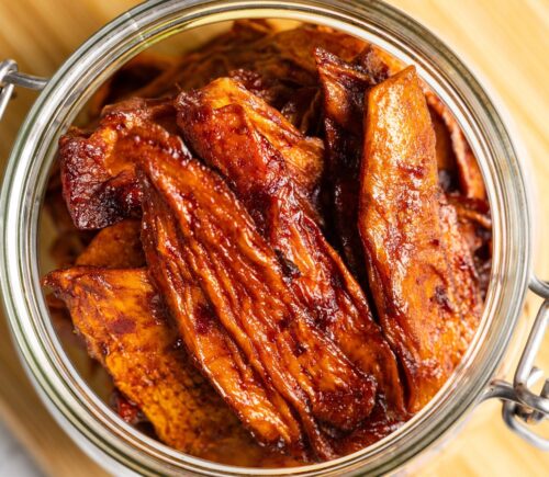 Smoky Chipotle Mango Jerky with gluten-free tamari, maple syrup, garlic, lime, chipotle