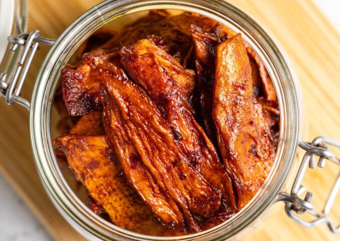 Smoky Chipotle Mango Jerky with gluten-free tamari, maple syrup, garlic, lime, chipotle