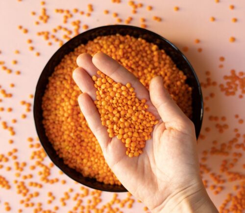 Photo shows someone taking a handful of dried red lentils from a bowl on a pink surface. Soy and legumes really can help to lower hypertension risk, according to a new study
