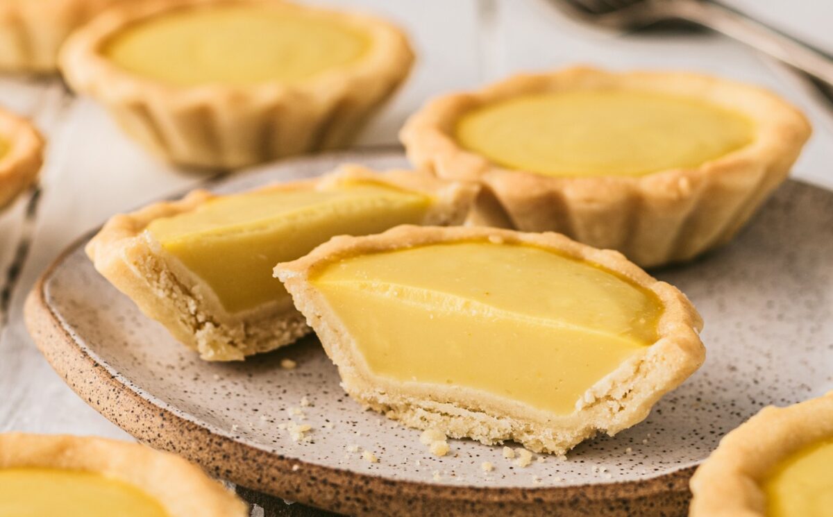 Vegan Chinese Egg Tarts with vegan crust, maple syrup glaze, vegan custard powder and kala namak