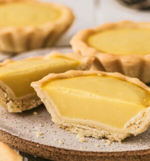 Vegan Chinese Egg Tarts with vegan crust, maple syrup glaze, vegan custard powder and kala namak