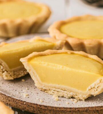 Vegan Chinese Egg Tarts with vegan crust, maple syrup glaze, vegan custard powder and kala namak