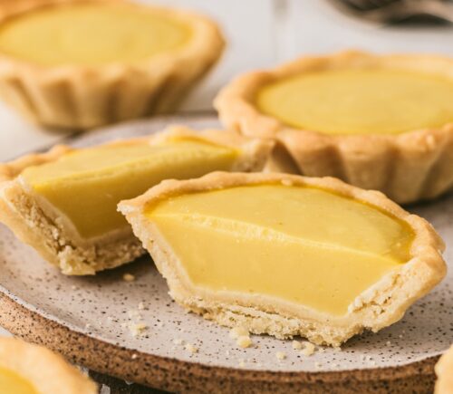 Vegan Chinese Egg Tarts with vegan crust, maple syrup glaze, vegan custard powder and kala namak