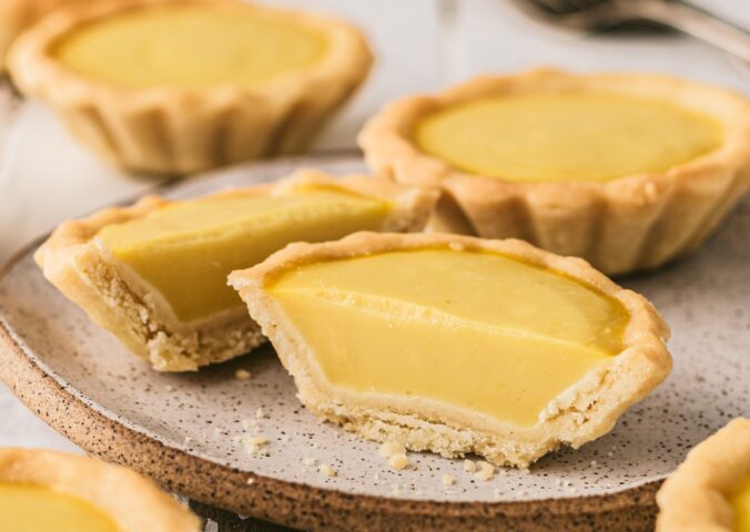 Vegan Chinese Egg Tarts with vegan crust, maple syrup glaze, vegan custard powder and kala namak